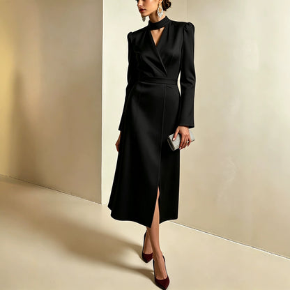 Women's V Neck Long Sleeve A-Line Midi Slit Dress