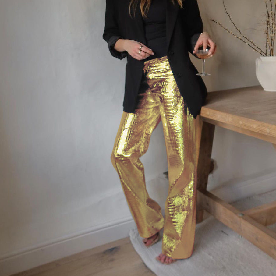 Silver Croc Embossed Faux Leather High Waist Straight Pants