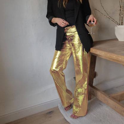 Silver Croc Embossed Faux Leather High Waist Straight Pants