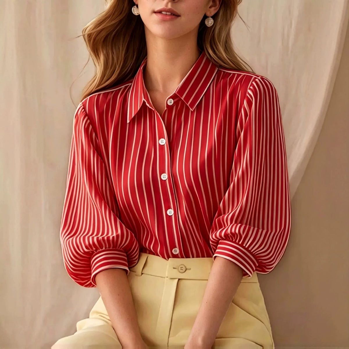 Striped Puff Sleeve Collared Workwear Blouse