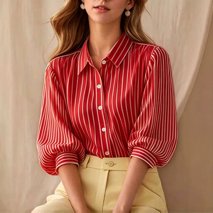 Striped Puff Sleeve Collared Workwear Blouse