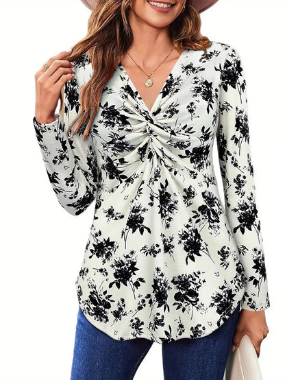 Women's Twist Front V-Neck Long Sleeve Printed Top