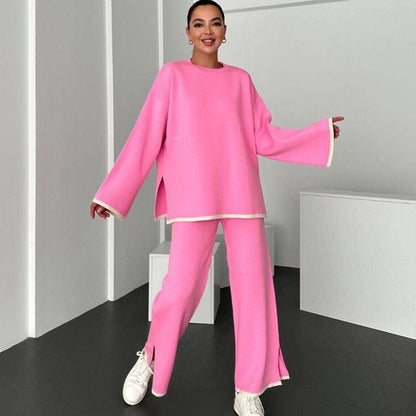 Women Color Block Lounge Set Side Slit Pants