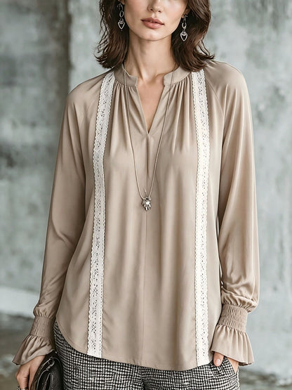 Women's Satin Lace Trim V-Neck Long Sleeve Blouse