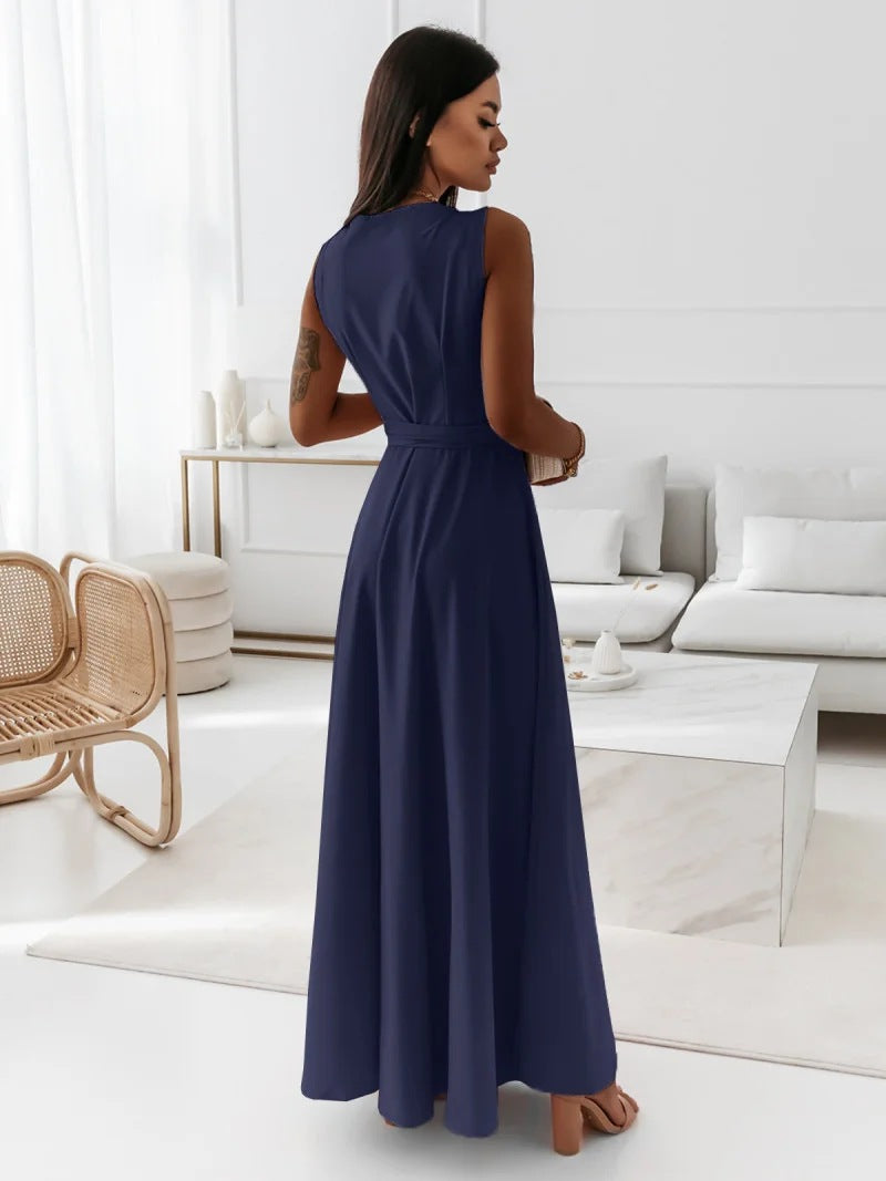 Women's Sleeveless V-Neck Belted A-Line Maxi Dress
