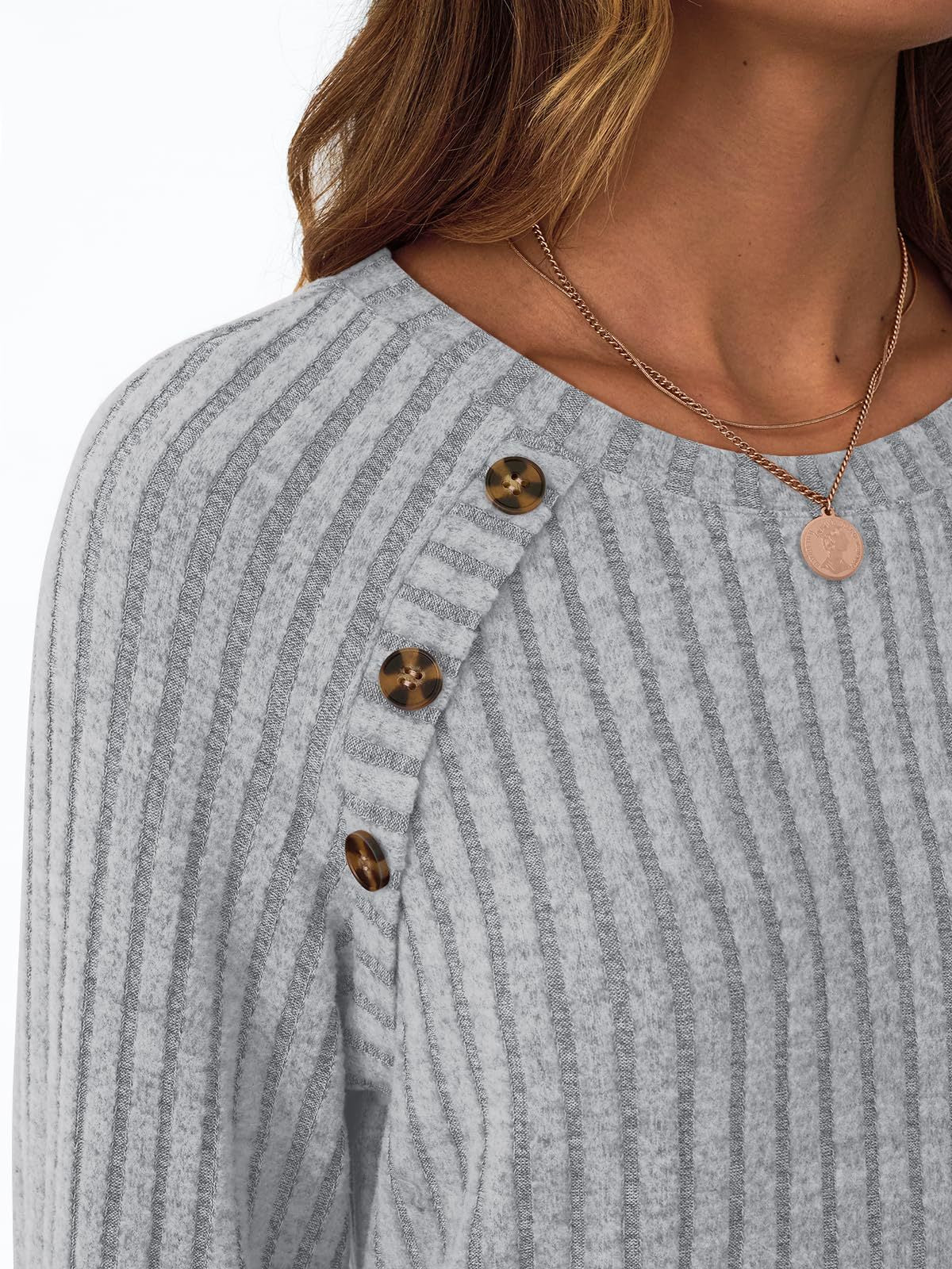 Ribbed Knit Crewneck Sweatshirt with Button Detail