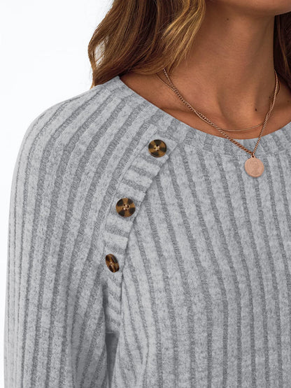 Ribbed Knit Crewneck Sweatshirt with Button Detail