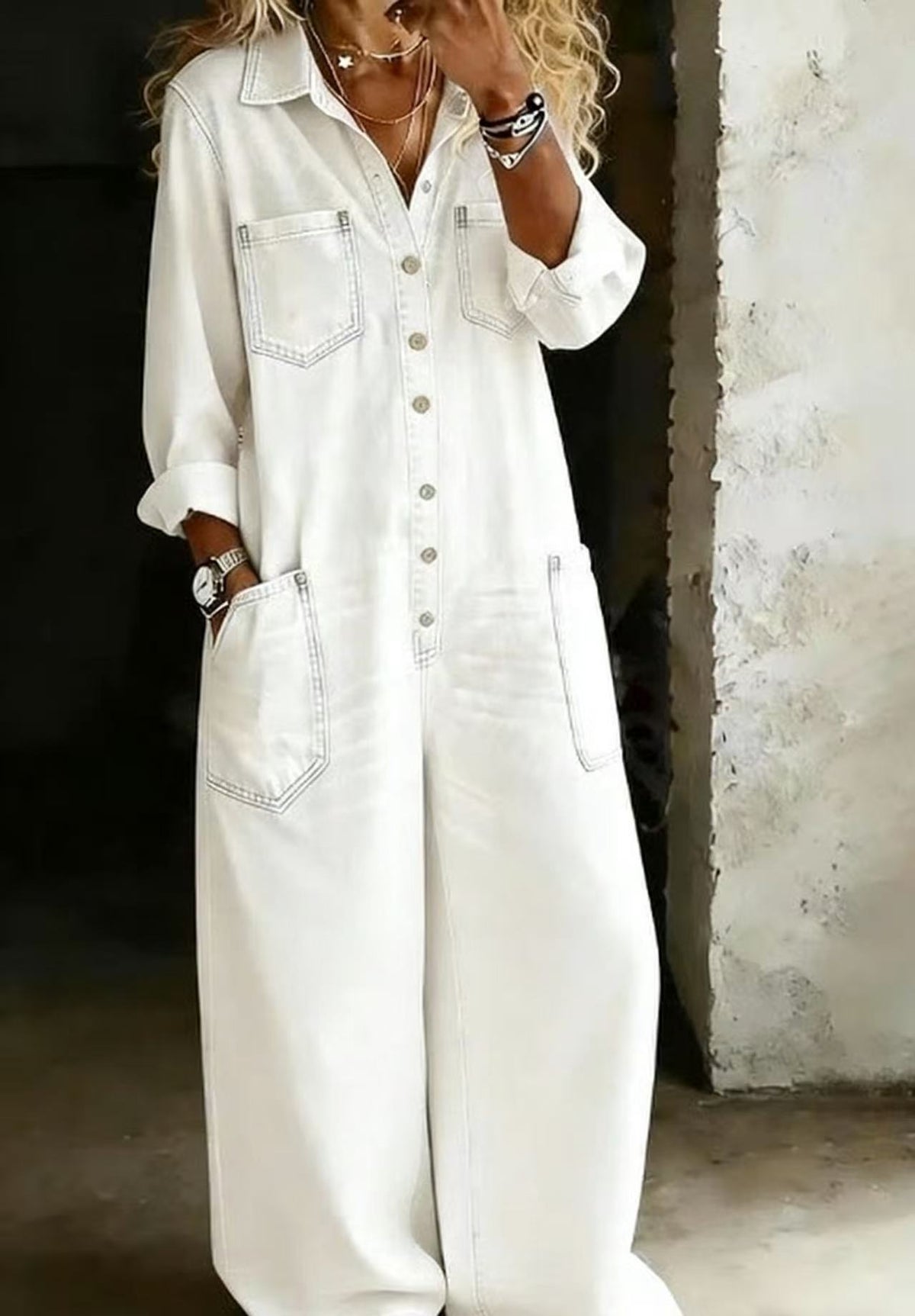 Women's Denim Maxi Shirt Dress Long Sleeve Button Front