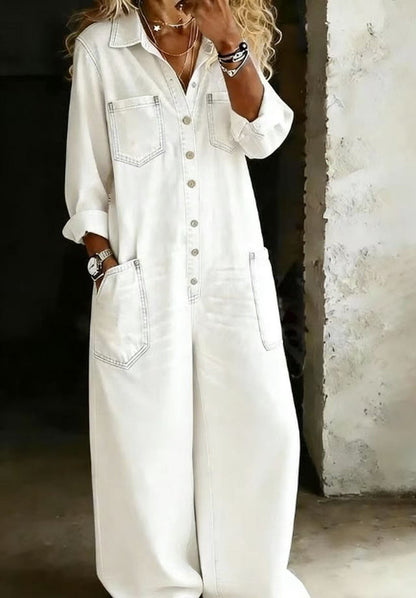 Women's Denim Maxi Shirt Dress Long Sleeve Button Front