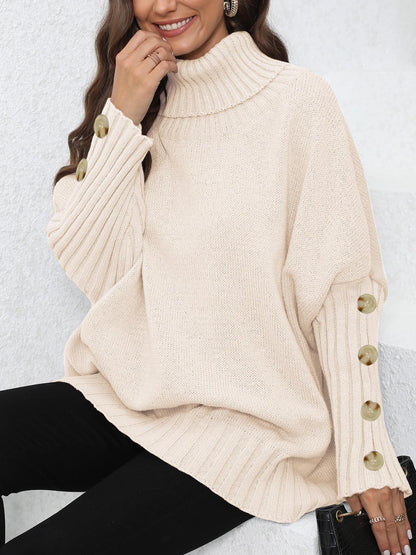 Button Turtleneck Lapel Loose Woven Shirt Top Women's Pullover Sweater