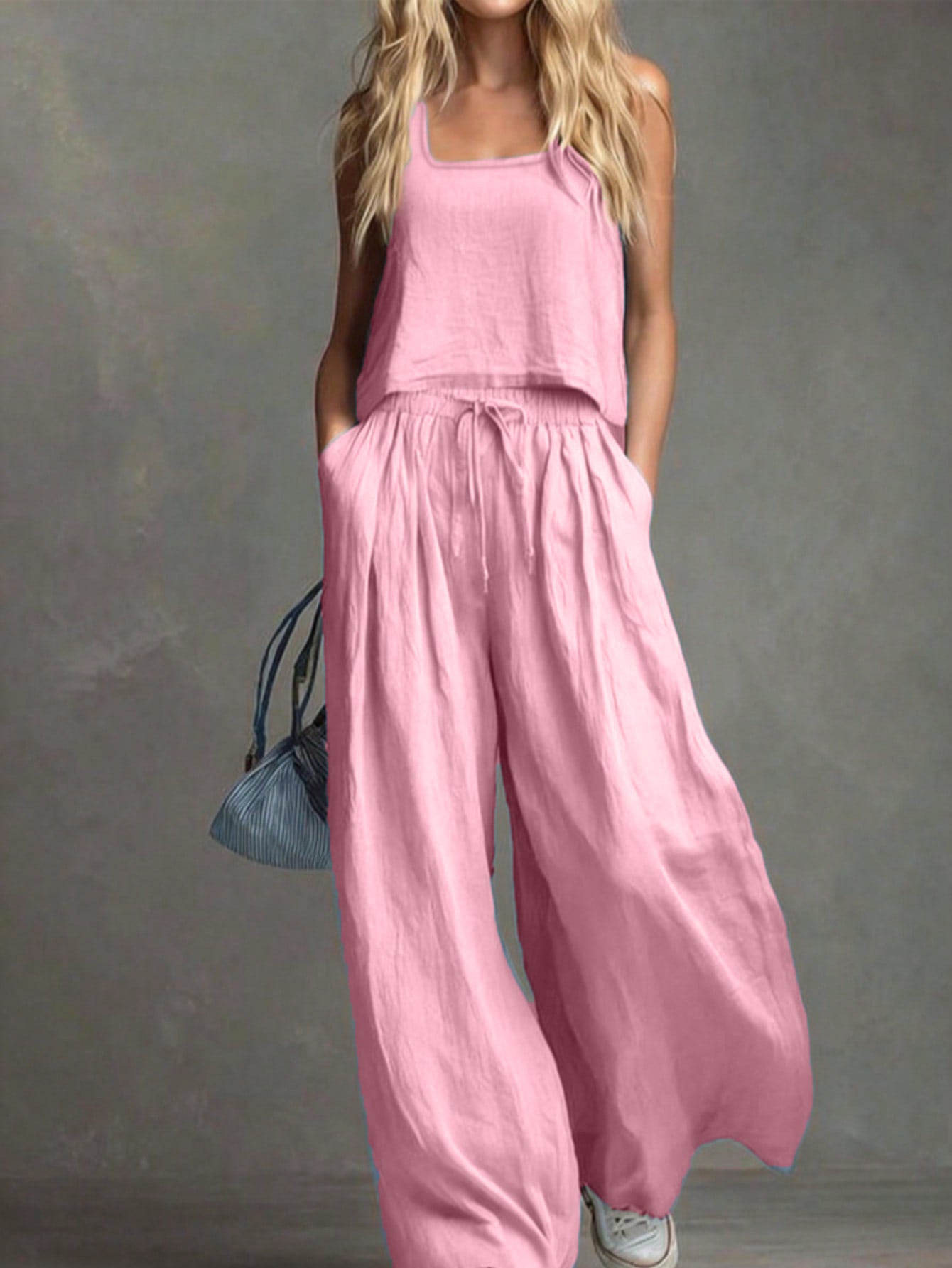 Women's Linen Look Matching Set Tank Wide Leg Pants