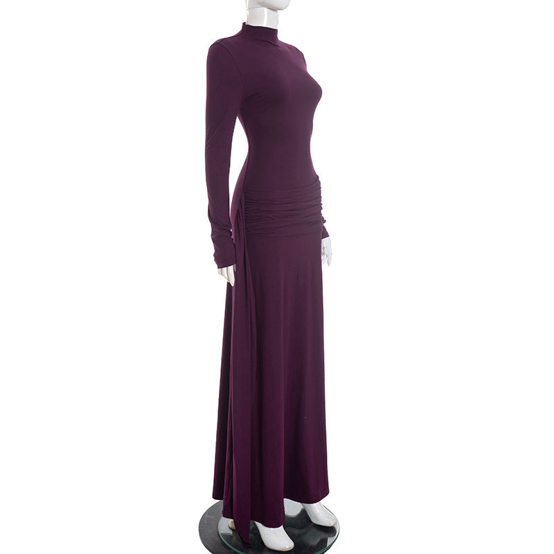 Elegant Mock Neck Long Sleeve Ruched Sash Maxi Dress