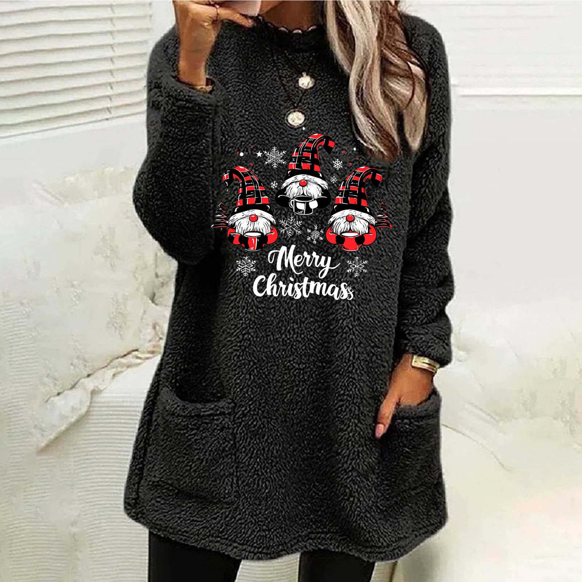 Womens Christmas Gnome Sherpa Tunic Sweatshirt