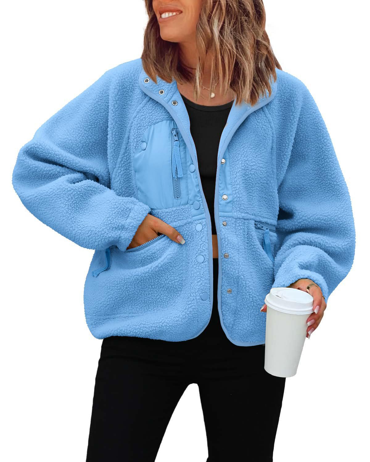 Women's Oversized Sherpa Fleece Jacket Button Front Casual