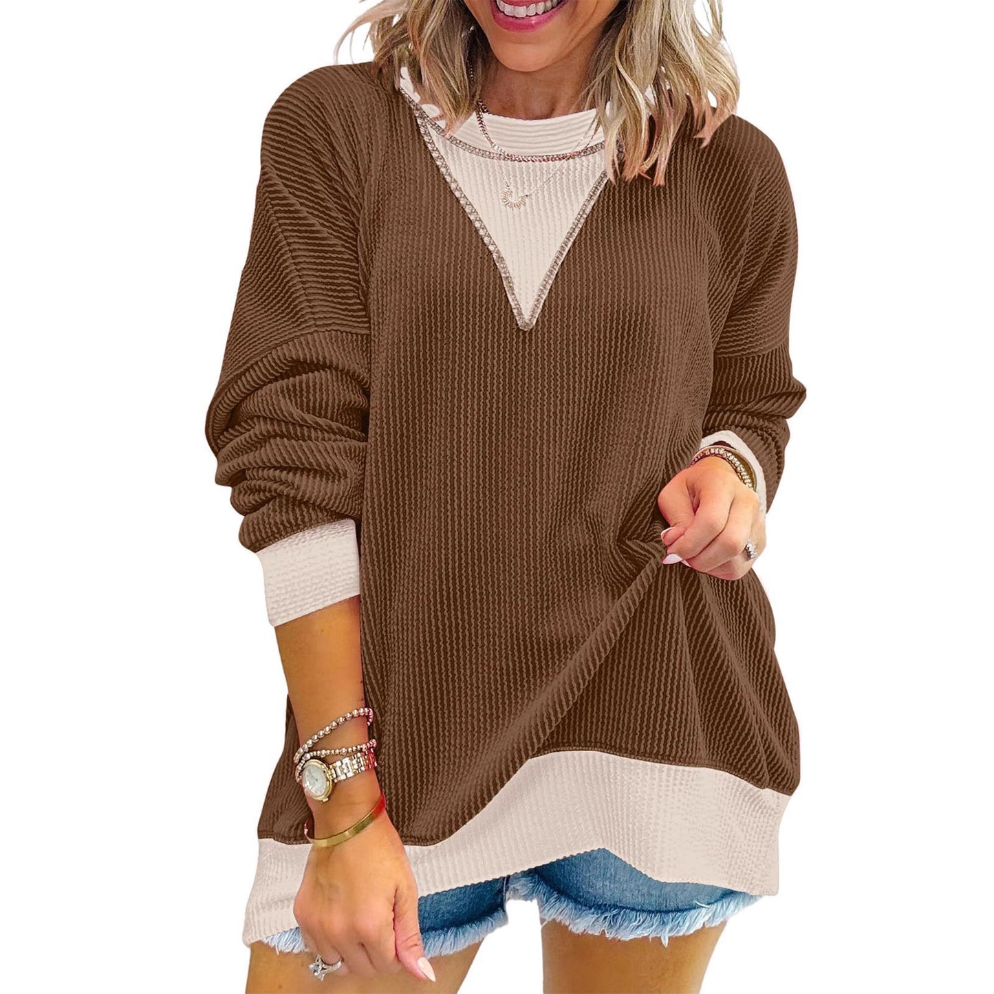 Colorblock Ribbed Sweatshirt Women Casual V Neck Pullover