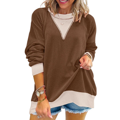 Colorblock Ribbed Sweatshirt Women Casual V Neck Pullover