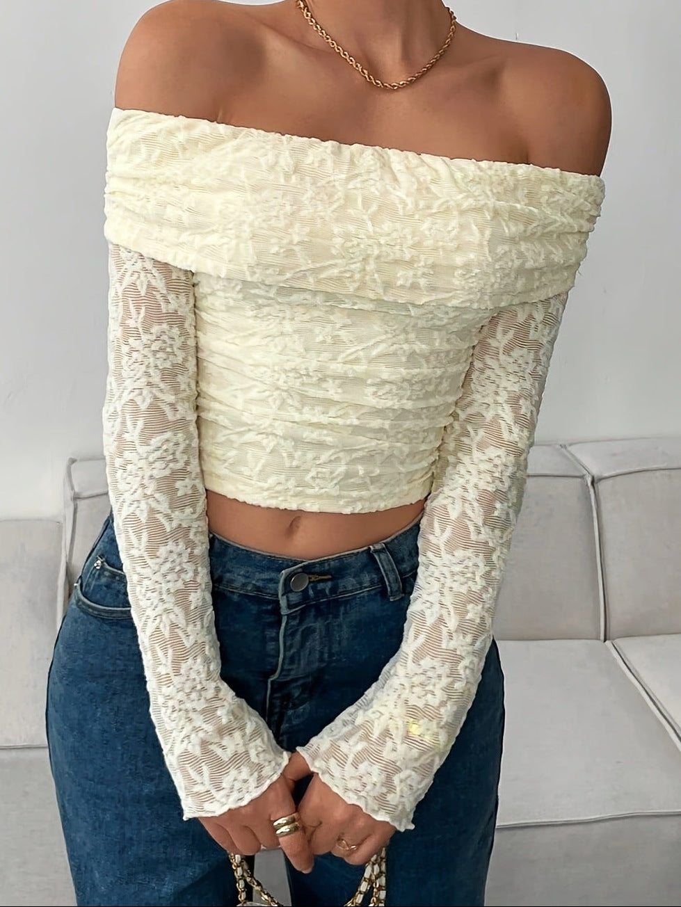Women's Off Shoulder Floral Lace Backless Long Sleeve Top