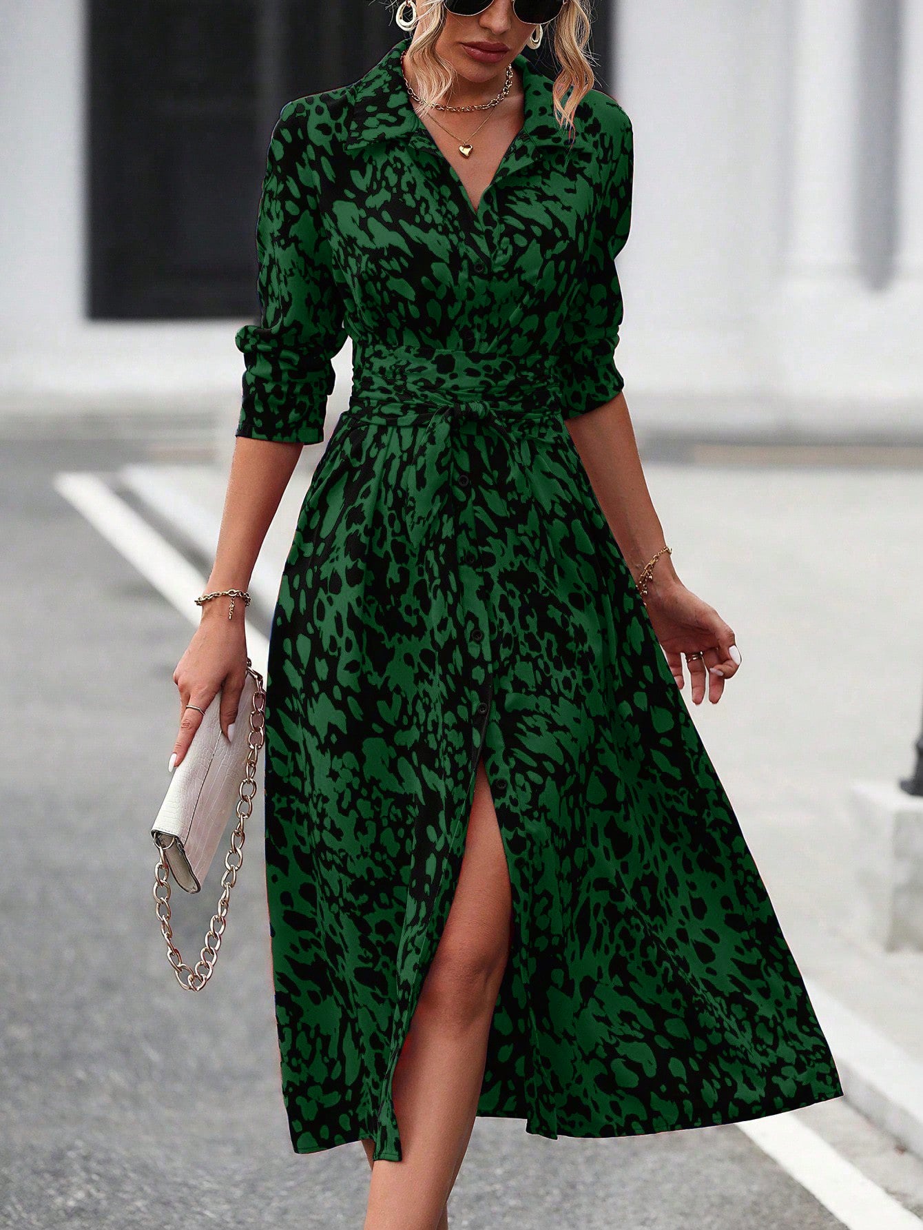 Women's Printed Long Sleeve Belted Midi Shirt Dress Slit