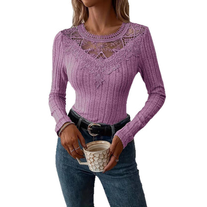 Women's Lace Panel Ribbed Long Sleeve Top