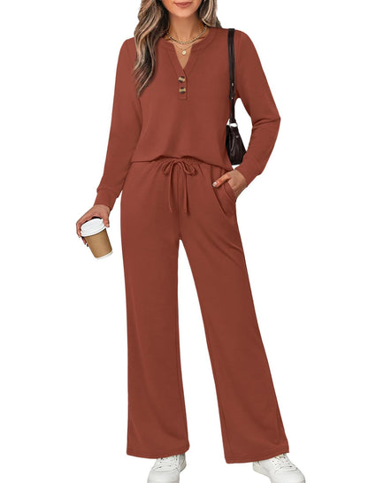 Women's 2 Piece Lounge Set Henley Top Wide Leg Pants