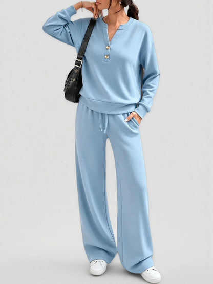 Women's Matching Lounge Set Henley Top Wide Leg Pants