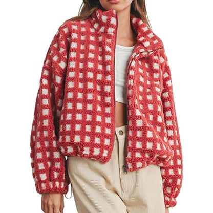 Women's Oversized Checkered Sherpa Fleece Jacket