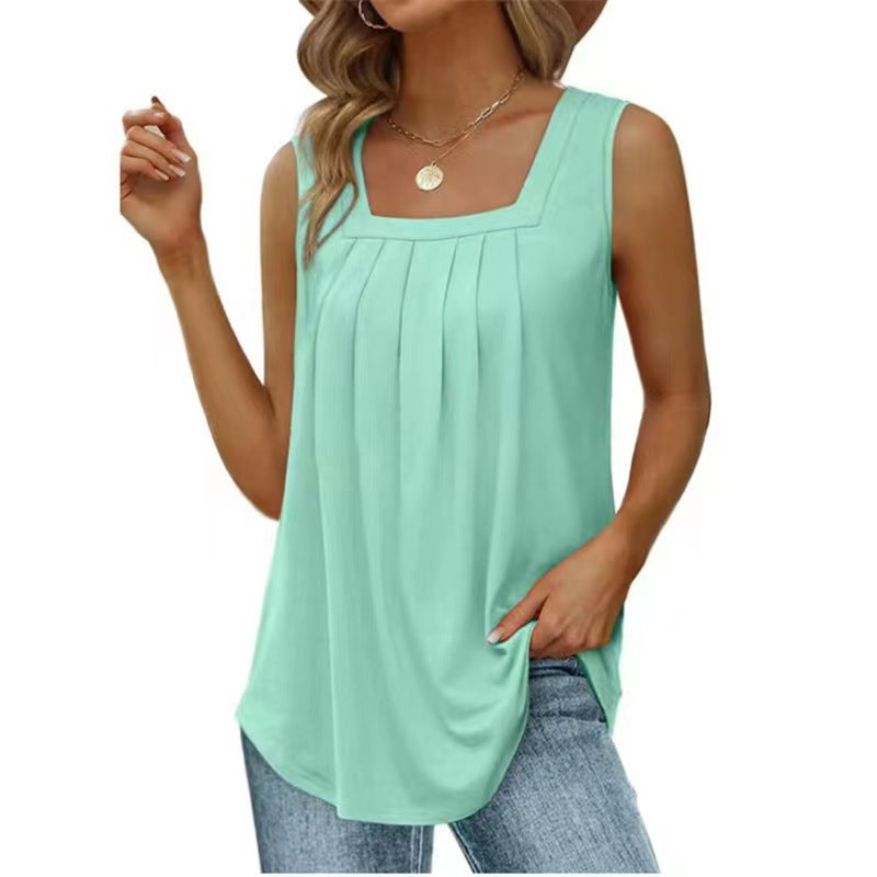 Orange Square Neck Pleated Sleeveless Flowy Tank Top