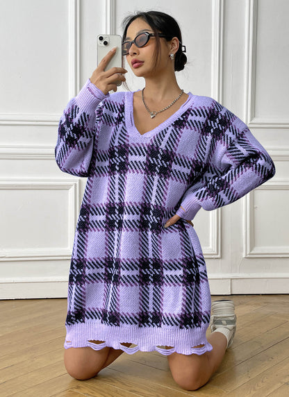 Women's Contrasting Color Splicing Plaid Dress V-neck Long Sleeve