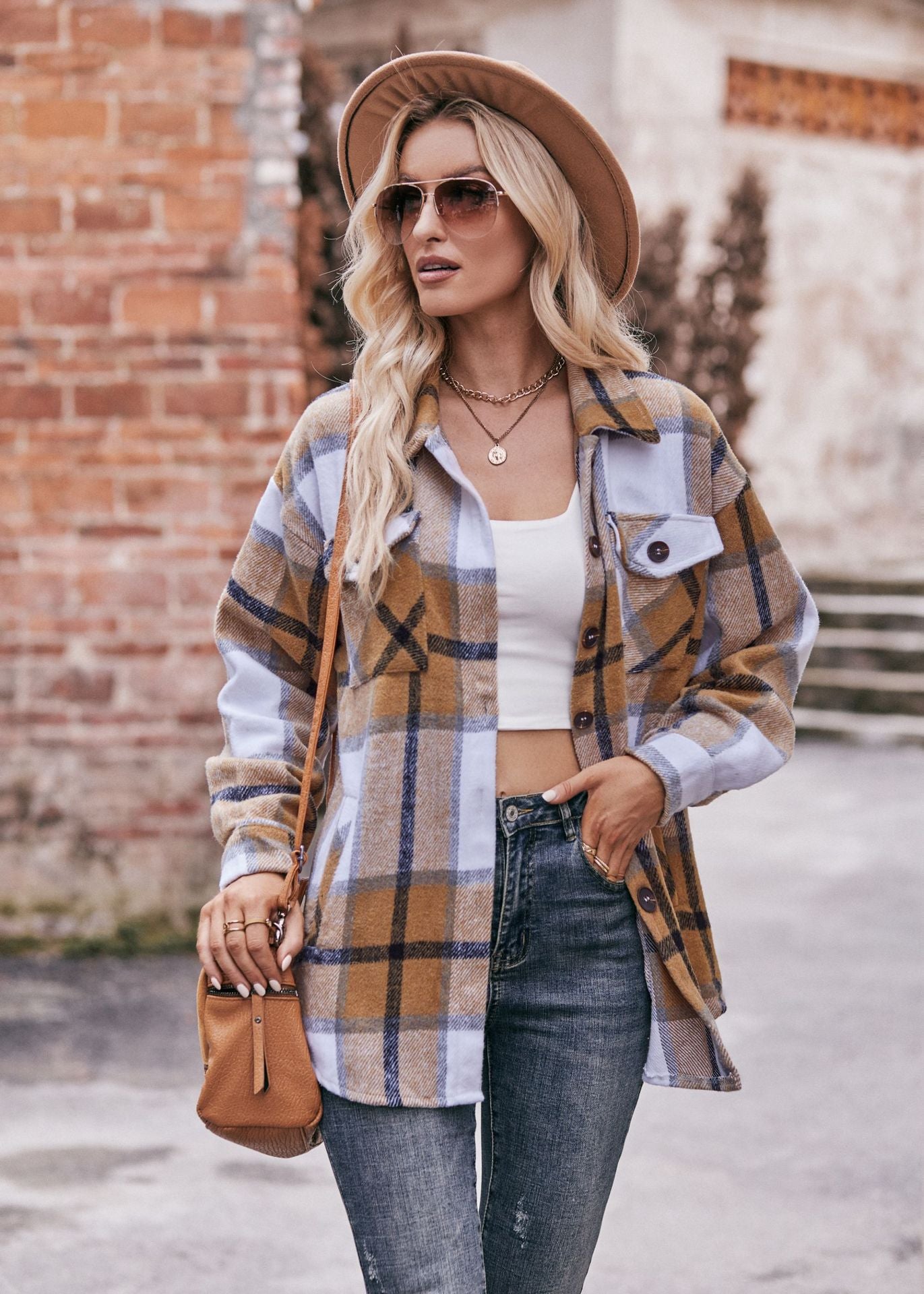 Plaid Flannel Shacket Button Front Pocket Oversized Jacket