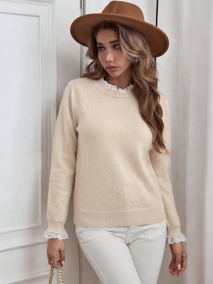 Lace Trim Layered Look Crew Neck Long Sleeve Sweater