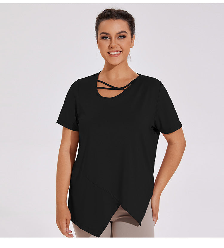 Plus Size Irregular Cross-neck Yoga Quick-drying Short-sleeved T-shirt Elastic Fitness Clothes