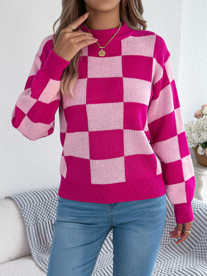 Women's Colorblock Checkerboard Balloon Sleeve Sweater