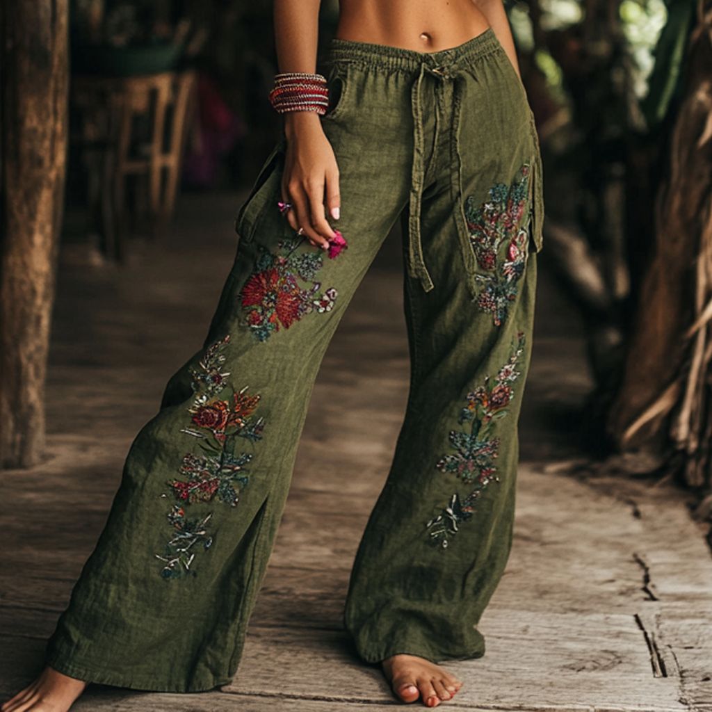 Women's Boho Floral Wide Leg Pants Drawstring Waist
