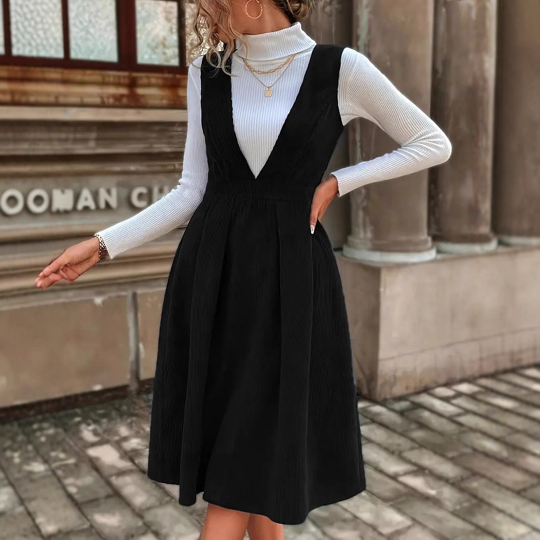 Corduroy Pinafore Dress V-Neck Sleeveless Midi A-Line