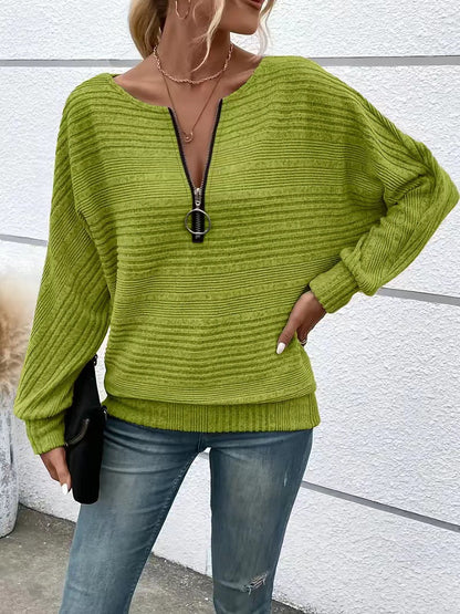Women's Half Zip V Neck Long Sleeve Chenille Sweater