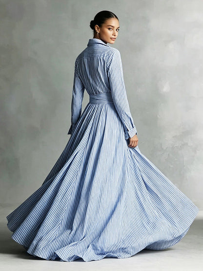 Striped Maxi Shirt Dress Long Sleeve Button Down High Waist