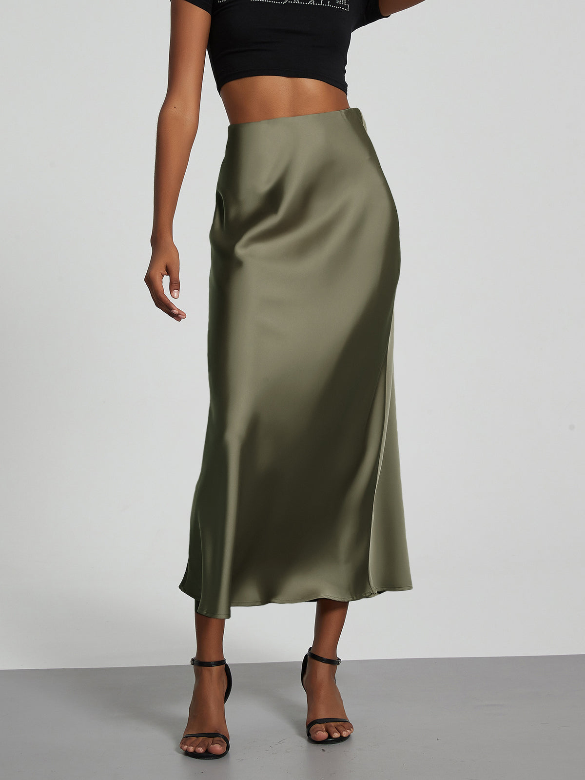 Women's Satin Midi Skirt High Waist Silky Flowy Elegant