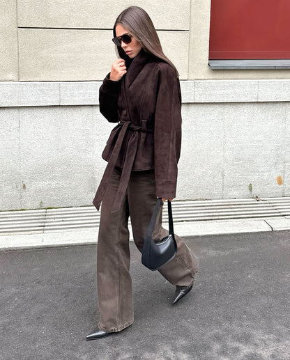 Women's Vintage Faux Suede Belted Jacket