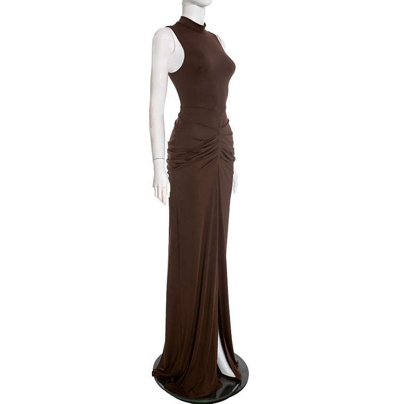 Women's Mock Neck Sleeveless Ruched Bodycon Maxi Dress