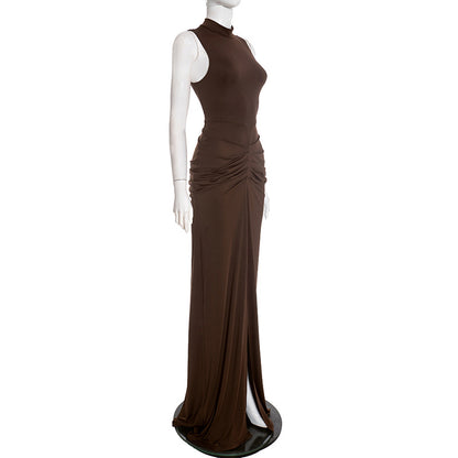 Women's Mock Neck Sleeveless Ruched Bodycon Maxi Dress
