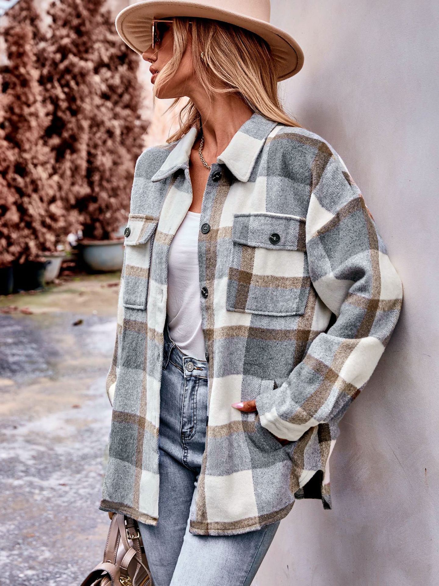 Plaid Flannel Shacket Button Front Pocket Oversized Jacket