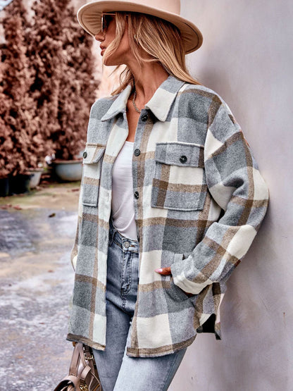 Plaid Flannel Shacket Button Front Pocket Oversized Jacket