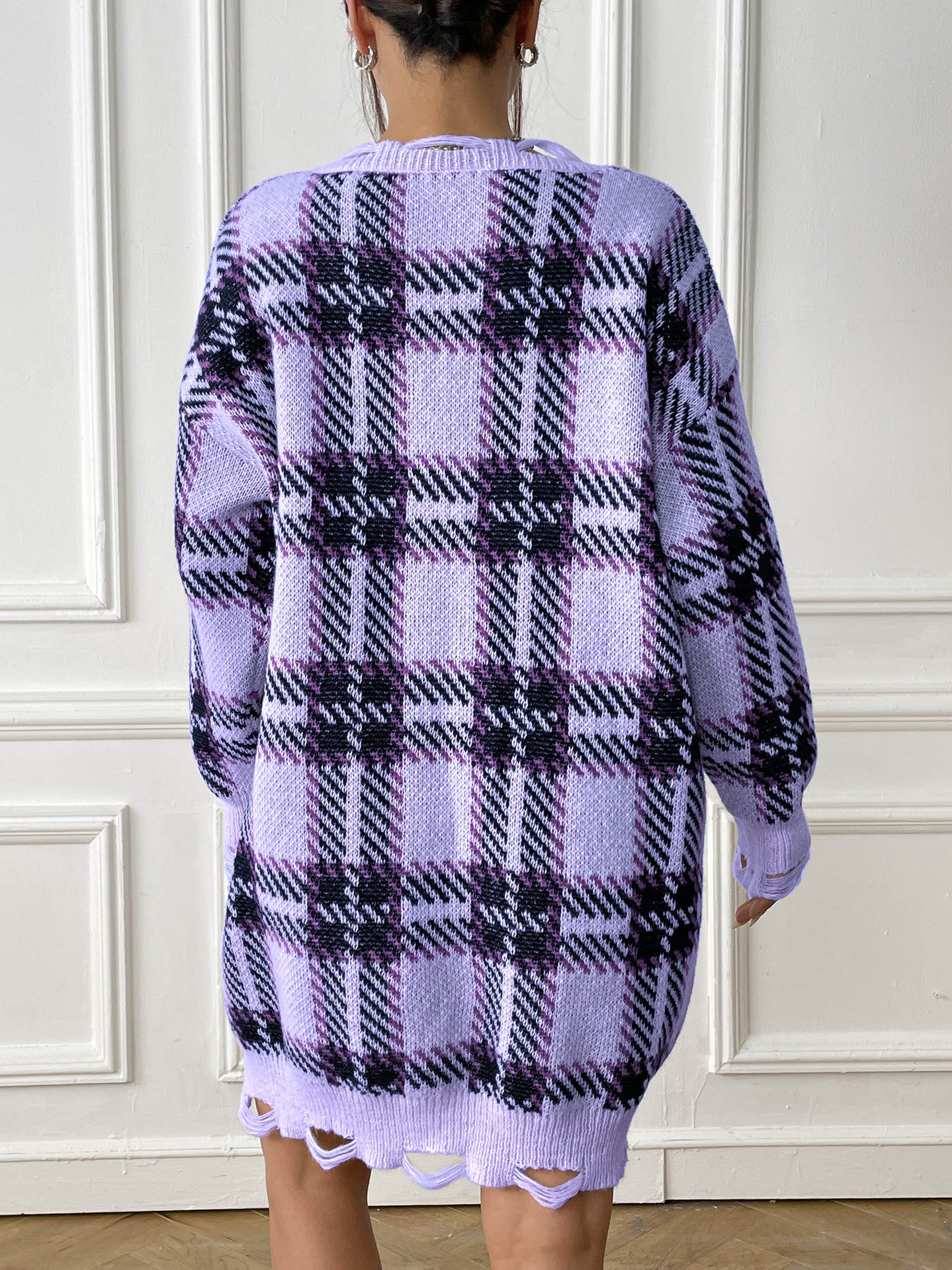 Plaid Color Block Knit Dress with Long Sleeves for Fall