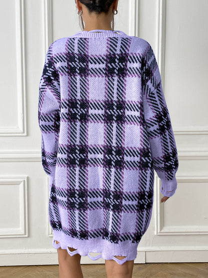 Plaid Color Block Knit Dress with Long Sleeves for Fall