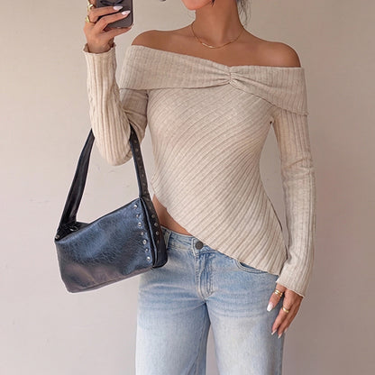Off Shoulder Ribbed Asymmetrical Long Sleeve Top