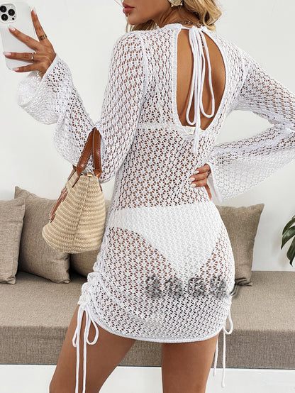 White Crochet Open Back Bell Sleeve Ruched Mini Dress