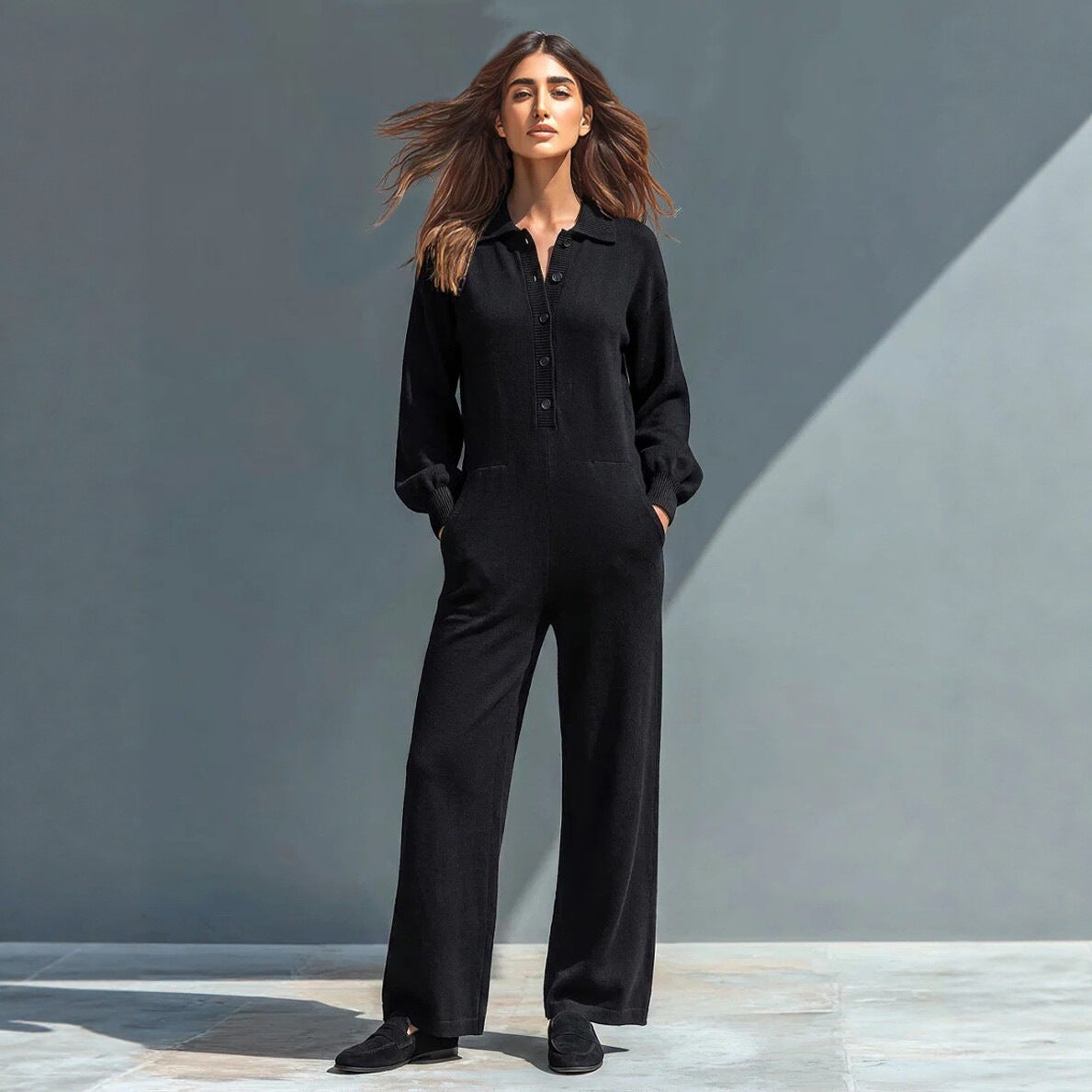 Collared Button Front Knit Wide Leg Jumpsuit