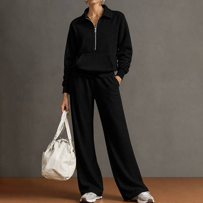 Women's Quarter Zip Sweatshirt Wide Leg Pants 2 Piece Set