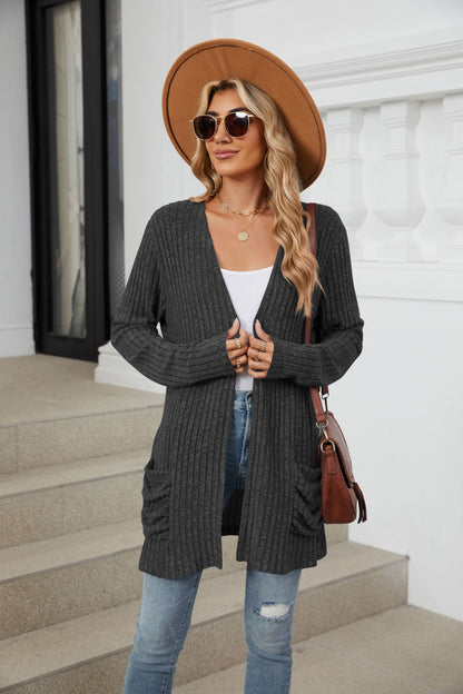 Simple Pocketed Long Sleeve Cardigan Knit Top