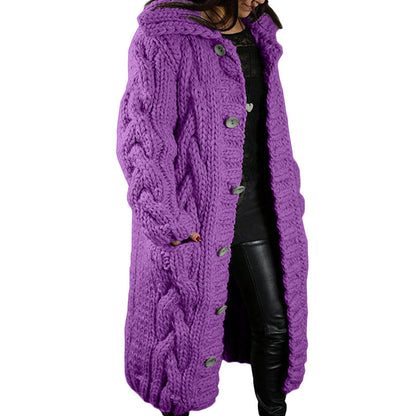 Women's Chunky Cable Knit Hooded Long Cardigan Plus Size